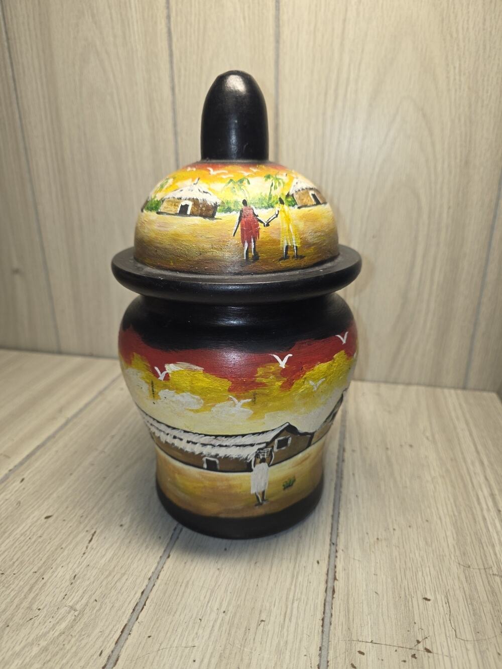 Vtg Wood Hand-Painted Jar Village Scene Decorative Ghana Tribal 11" Flawed